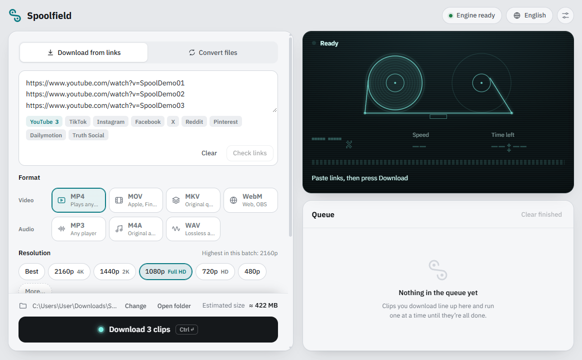 Spoolfield with three YouTube links pasted and checked. Each shows its title, length and best quality, and the total estimated size is 422 MB.