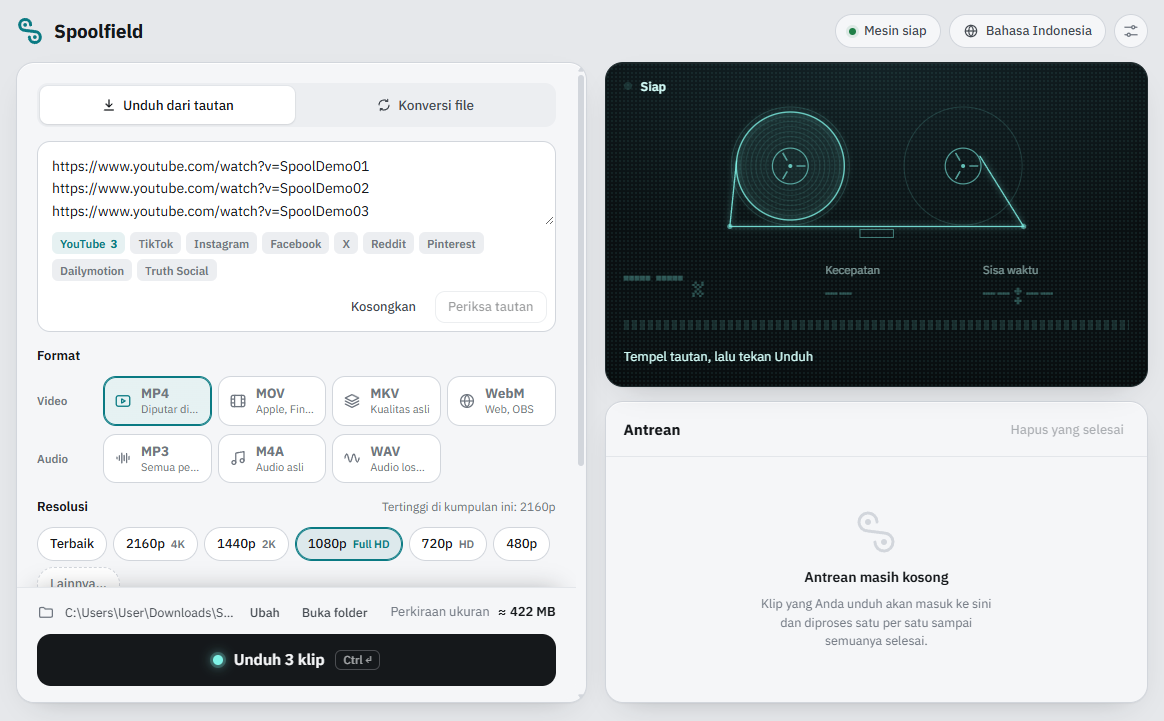 Spoolfield dengan tiga tautan YouTube yang sudah ditempel dan diperiksa. Masing-masing menampilkan judul, durasi, dan kualitas terbaiknya, dan total perkiraan ukurannya 422 MB.
