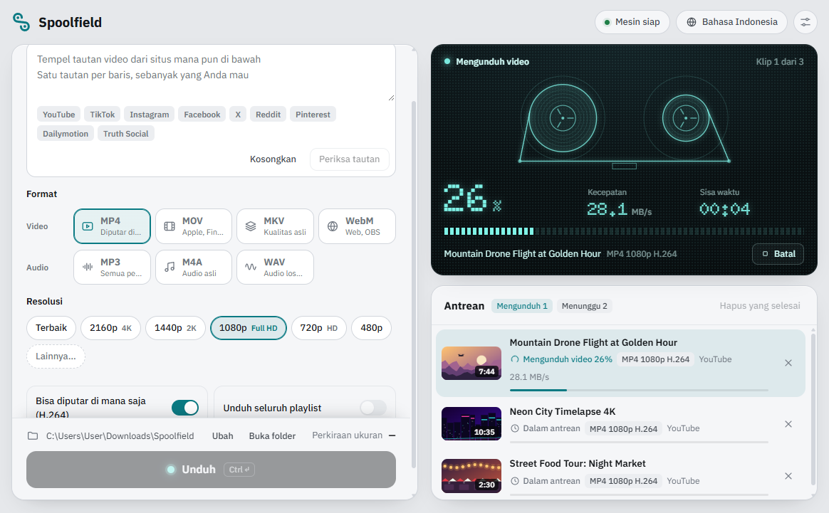 Spoolfield mengunduh klip pertama dari tiga klip dalam 1080p H.264, dengan progres, kecepatan, dan sisa waktu di layarnya. Dua klip lainnya menunggu di antrean.