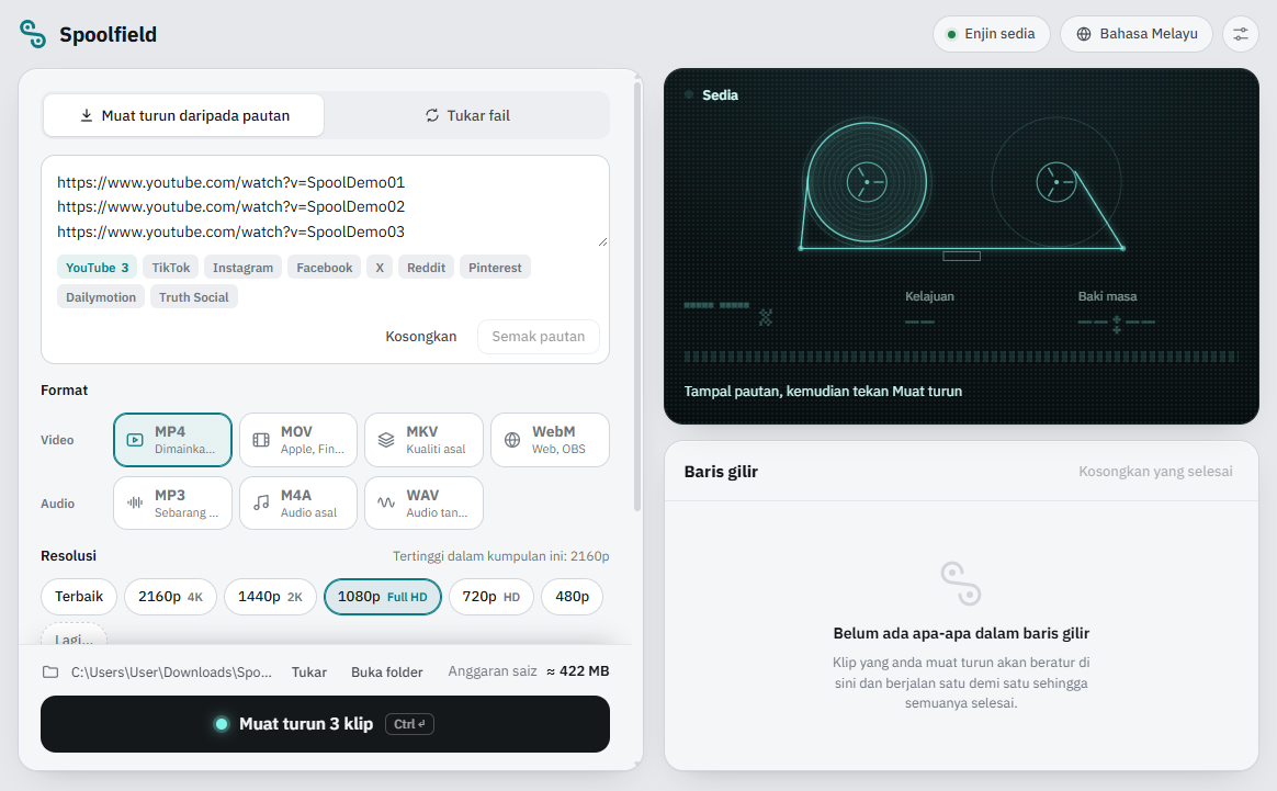 Spoolfield dengan tiga pautan YouTube yang telah ditampal dan disemak. Setiap satu menunjukkan tajuk, tempoh dan kualiti terbaiknya, dan jumlah anggaran saiz ialah 422 MB.