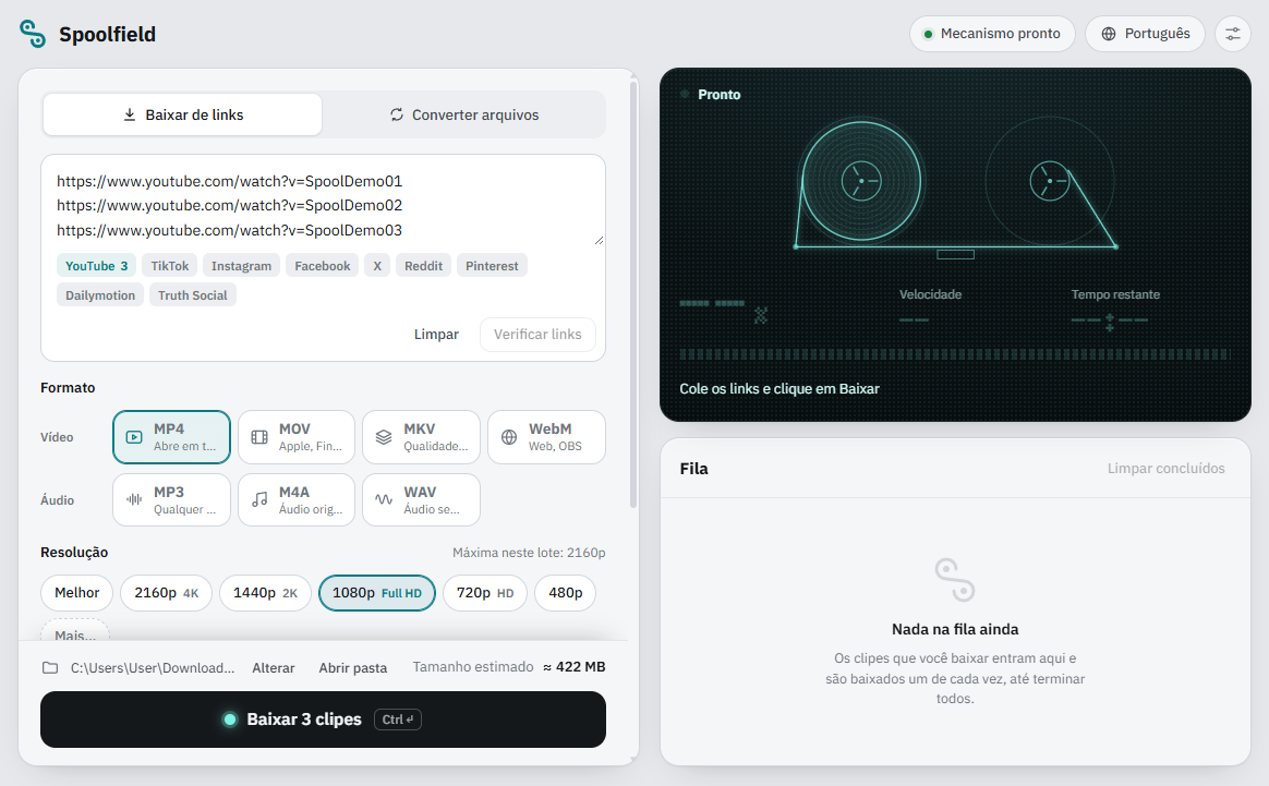 Spoolfield com três links do YouTube colados e verificados. Cada um mostra o título, a duração e a melhor qualidade, e o tamanho total estimado é de 422 MB.