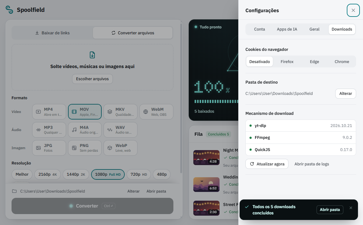 Configurações do Spoolfield: tema, cookies do navegador, pasta de destino, som ao terminar e o mecanismo de download, que se atualiza todos os dias.