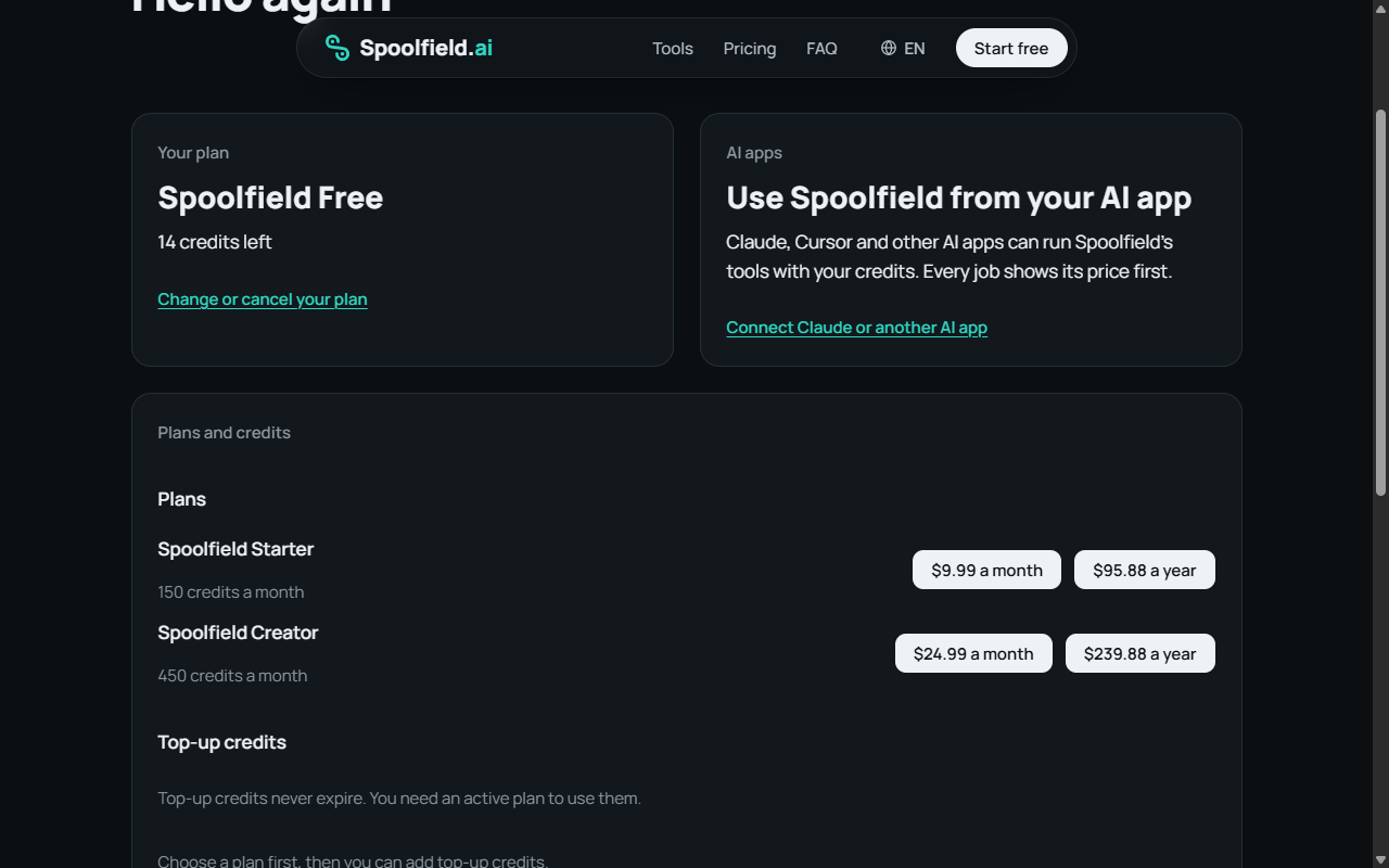 The AI apps section of the Spoolfield account page, where you connect Claude and other AI apps to your account.
