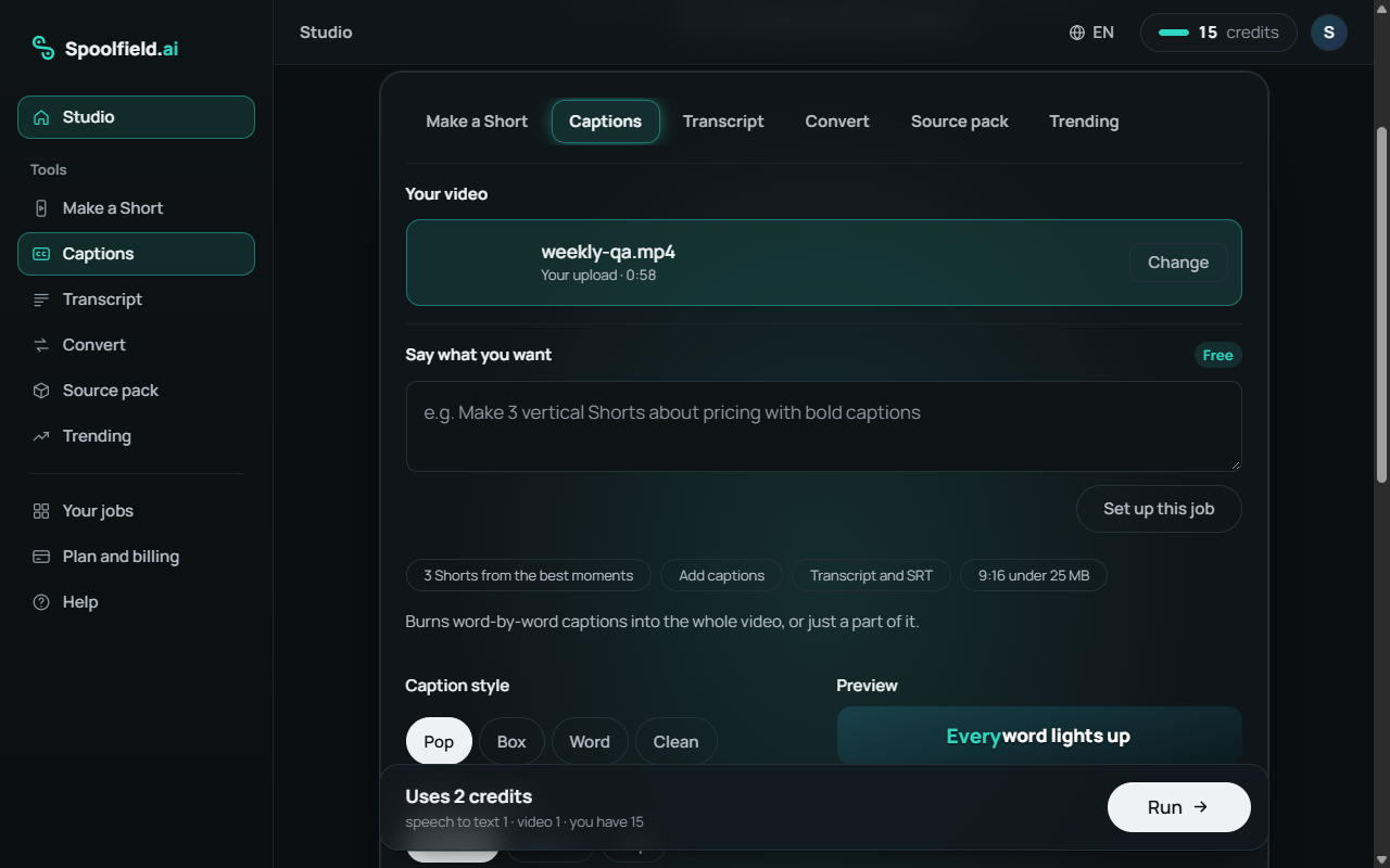 The Spoolfield app with Captions chosen as the tool, the caption styles ready to pick from, and the price in credits shown.