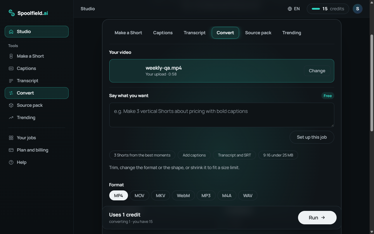 Spoolfield with Convert chosen, showing the format and size choices and the price in credits before the job starts.