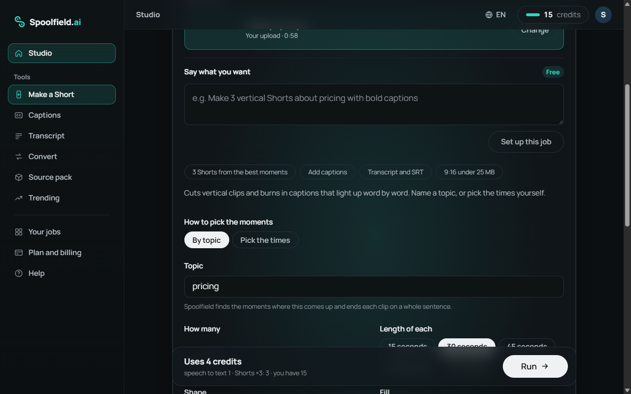 Spoolfield’s Make a Short tool with a topic, the number of clips and the credits for the job.