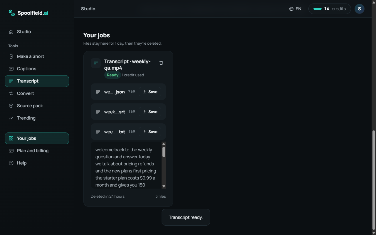 A finished Transcript job in Spoolfield with buttons to save the text, SRT and JSON files.